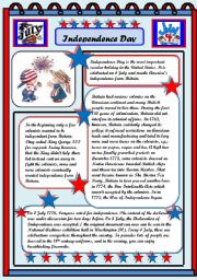 English Worksheet: Independence Day 4 July  READING  COMPREHENSION 2PAGES