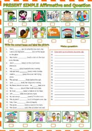 English Worksheet: Present Simple  -  Affirmative and Question  (B/W & Keys) included