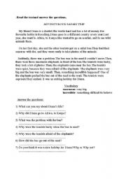 English Worksheet: the past form the verb to be reading comprehension