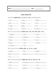English Worksheet: Word formation with suffixes and prefixes