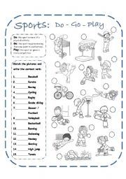 English Worksheet: Sports (do, go, play) + Answer key