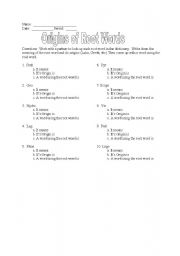 English worksheet: Origins of Root Words