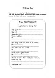 English Worksheet: Application for being  a chef