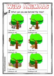 English Worksheet: Wild animals 2 col - What can you see behind the tree?