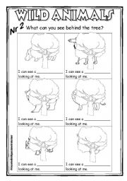English Worksheet: Wild animals 2 B&W - What can you see behind the tree?