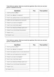 English Worksheet: Negative Yes/No Questions