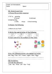 English worksheet: 1st intermediate quiz