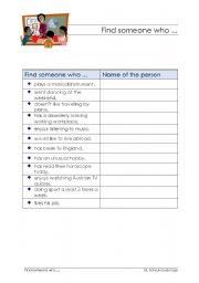 English Worksheet: Find someone who...