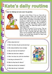 English Worksheet: Kates daily routine 3 pages