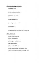 English worksheet: questions about alice in wonderland