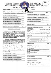 English Worksheet: exam for 10th grade 1st term 3 rd exam