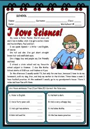 English Worksheet: I LOVE SCIENCE! ( 2 PAGES )