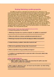 English Worksheet: Reading Comprehension:Optimist and Pessimist Year 9-10