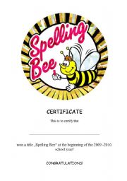 English Worksheet: Cerificate for the Spelling Bee Contest