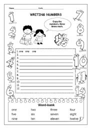 English Worksheet: PART1/3   WRITING NUMBERS  1- 12