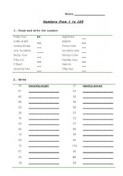 English Worksheet: TEST and Practise Numbers from 1 to 100