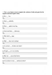 English worksheet: a, an, some, any