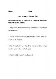 English worksheet: Red Badge of Courage Test