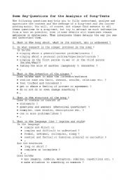 English Worksheet: Songtexts - Key questions for Analysis