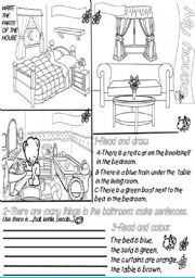 English Worksheet: my house:prepositions,toys and colours.