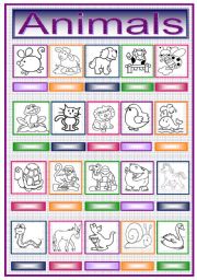 English Worksheet: ANIMALS TO SPELL AND COLOR