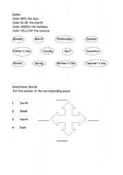 English worksheet: Dates and directional words