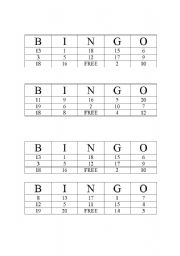 English Worksheet: Number bingo