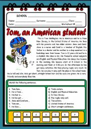 English Worksheet: TOM, AN AMERICAN STUDENT ( 2 PAGES )