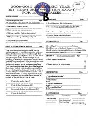 English Worksheet: exam for 10th grade - 1st term 3rd exam-