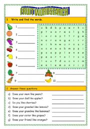 English Worksheet: FRUIT WORDSEARCH