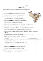 English Worksheet: Pronoun Pre-Test