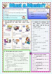English Worksheet: MUST & MUSTN`T ( B&W Version and KEY Included) - FULLY EDITABLE