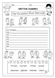 English Worksheet: PART2/3 WRITING NUMBERS 13-20