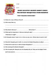 English Worksheet: Reading worksheet for the book RICKY RICOTTAS MIGHTY ROBOT VERSUS THE MUTANT MOSQUITOES FROM MERCURY