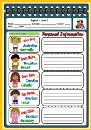 English Worksheet: PERSONAL INFORMATION