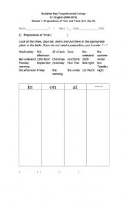 English worksheet: Prepositions of Time