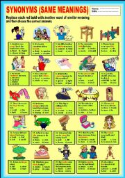 English Worksheet: SYNONYMS (same meanings)