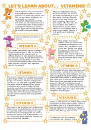 English Worksheet: LETS LEARN ABOUT... VITAMINS! (2 pages with key)