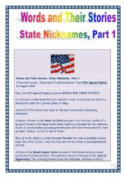 English Worksheet: The USA- Words & their stories series - STATE NICKNAMES # 1 (Comprehensive PROJECT, 6 tasks, 8 pages, includes MP3 link & KEY)