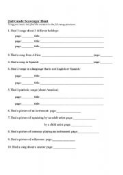 English Worksheet: 2nd grade Music Scavenger Hunt