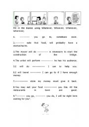 English Worksheet: whoever,whatever,whenever,wherever activity