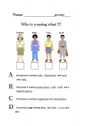 English Worksheet: WHO IS WEARING WHAT ?