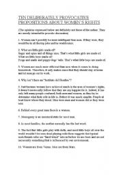 English Worksheet: TEN DELIBERATELY PROVOCATIVE PROPOSITIONS ON WOMENS RIGHTS