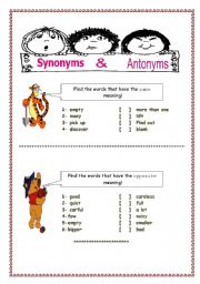 English worksheet: Synomyms & Aantonyms