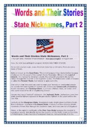 The USA- Words & their stories series - STATE NICKNAMES # 2 (Comprehensive PROJECT, 6 tasks, 9 pages, includes MP3 link & KEY)