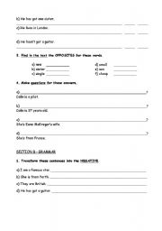 English worksheet: Reading Comprehension and Grammar Worksheet