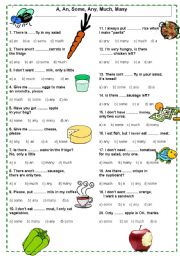 English Worksheet: Multiple choice: A, an, some, any, much, many.