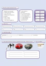 English worksheet: basic questions, number 1-100, spelling, decribing pictures