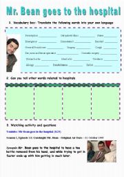 English Worksheet: Mr Bean goes to the hospital - video session (8:25)