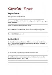 English worksheet: Chocolate Sweets Recipe